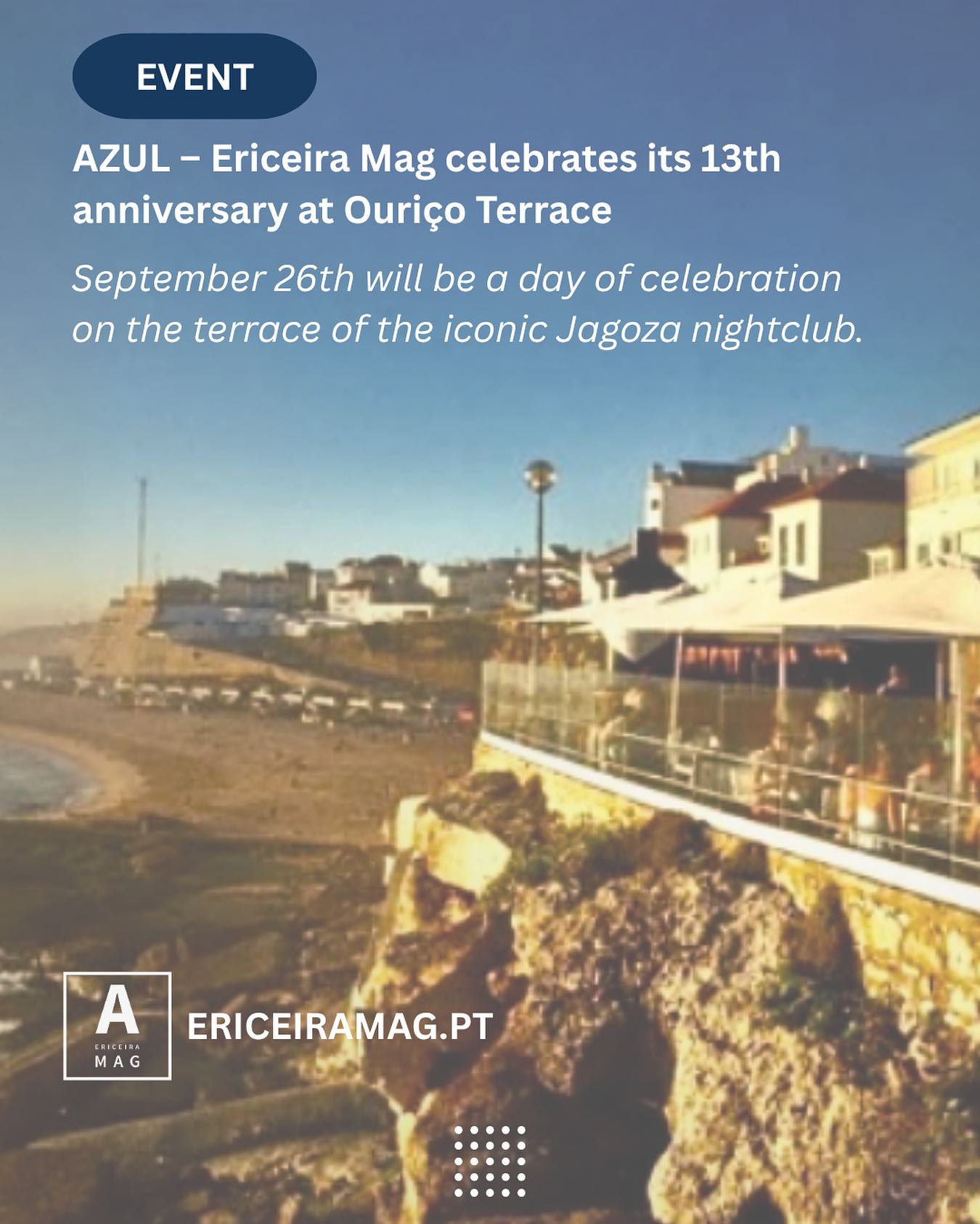 🎉 Between 17:30 and 21:30 there will be an outdoor DJ, toasts and some surprises! 😎

All infos at www.ericeiramag.pt/en/azul-ericeira-mag-celebrates-13-years-at-ourico-terrace

@ouricoterrace 
@ourico_ericeira